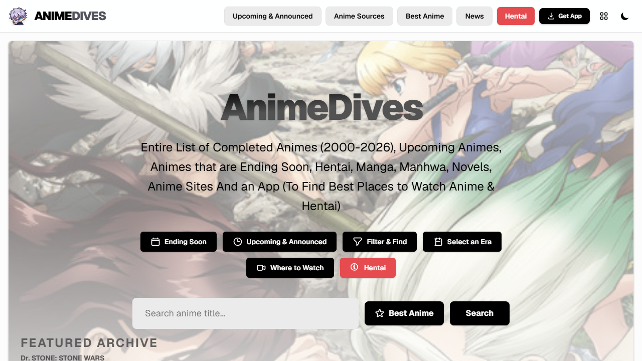 Screenshot of the AnimeDives homepage at animedives.com