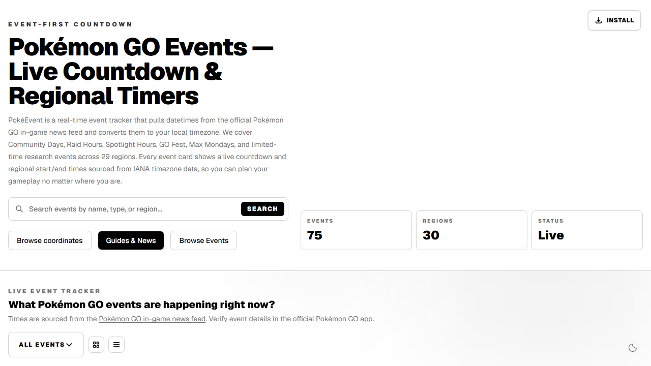 Screenshot of the PokéEvent homepage at pokemongoevents.com