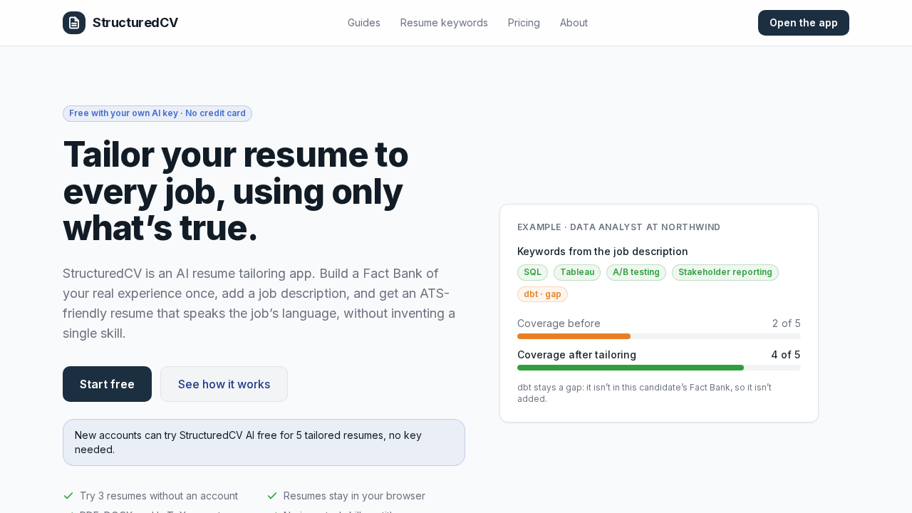 Screenshot of the StructuredCV homepage at structuredcv.com